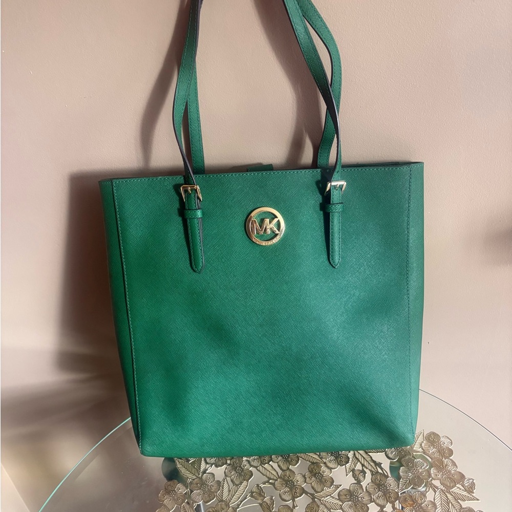 Michael Kors Emerald Green Saffiano Tote with Gold Logo